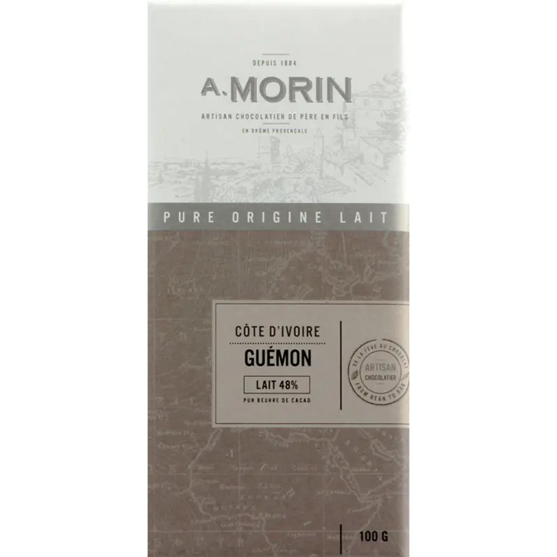 Tafel A. Morin Guémon 48% – Edle Milchschokolade aus Côte d’Ivoire in Nahaufnahme