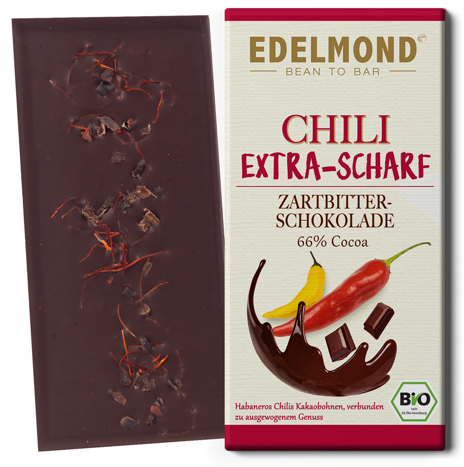 EDELMOND | Dunkle Schokolade »Chili – Extra-Scharf« 66% | BIO | 80g