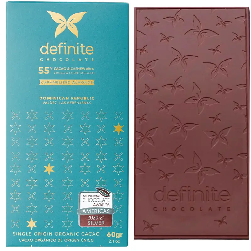 DEFINITE | Vegane Schokolade »Cashewmilch & karamellisierte Mandeln« 55% Prämierte Schokoladen aus der Dominikanischen republik con Definite Chocolate