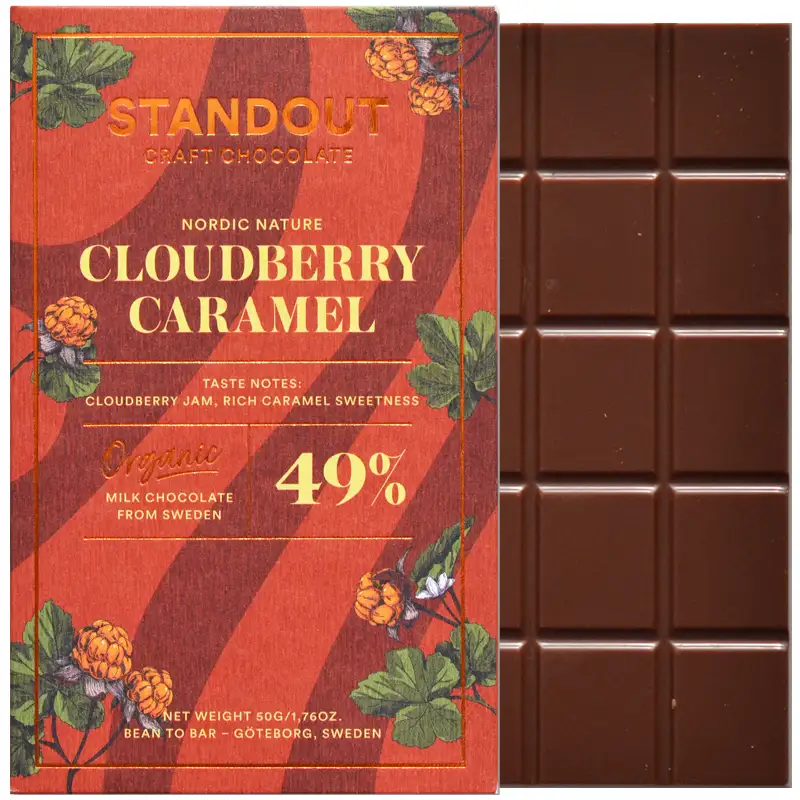 STANDOUT CHOCOLATE | Milchchokolade »Cloudberry Caramel« 49% | BIO | 50g Caramel Cloudberry schokolade von standout chocolate schweden