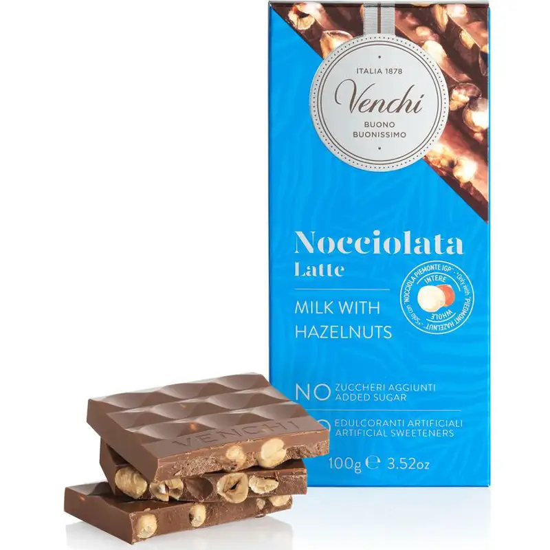 VENCHI | Milchschokolade mit ganzen Haselnüssen »Linie NO – Nocciolata« 100g Nocciolata Milchschokolade mit Haselnüssen ohne Zuckerzusatz von Venchi