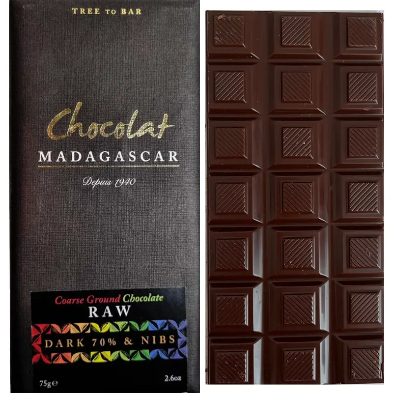 Chocolat MADAGASCAR | Dunkle Schokolade & Nibs »Domaine MAVA RAW« 70% | 75g Dunkle Schokolade mit Nibs RAW 70% Kakaogehalt 75g