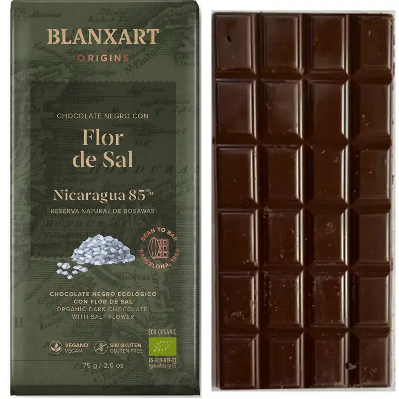BLANXART | Dunkle Schokolade »Flor de Sal • Nicaragua« 85% | BIO | 75g Flor de Sel Schokolade von Blanxart