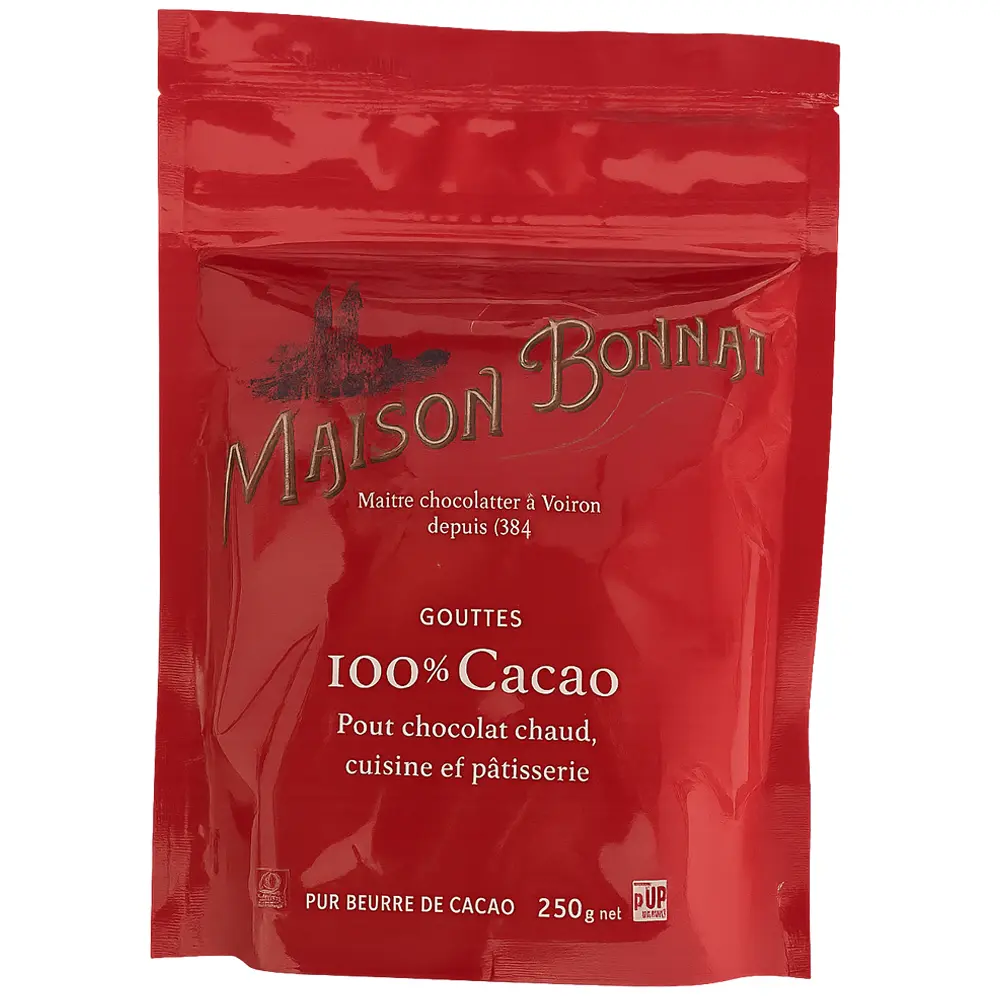 Kochen und Backen oder Trinkschokolade mit 100% Kakaogehalt von Bonnat. Roter Beutel mit  mit 250g