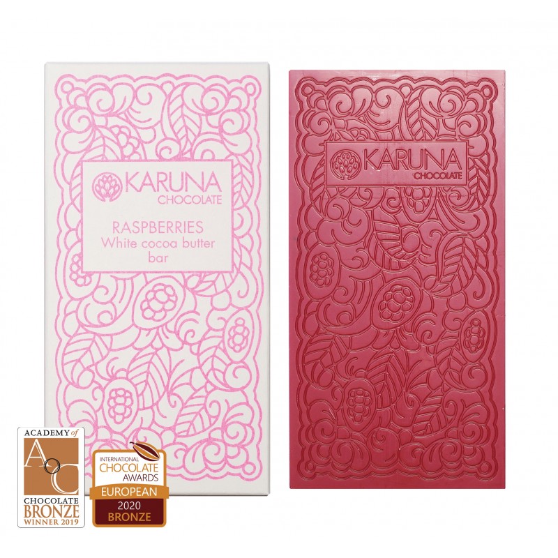 KARUNA Chocolate | Weiße Schokolade  »Raspberries Lamponi« 39% | BIO | 50g MHD 01.12.2023