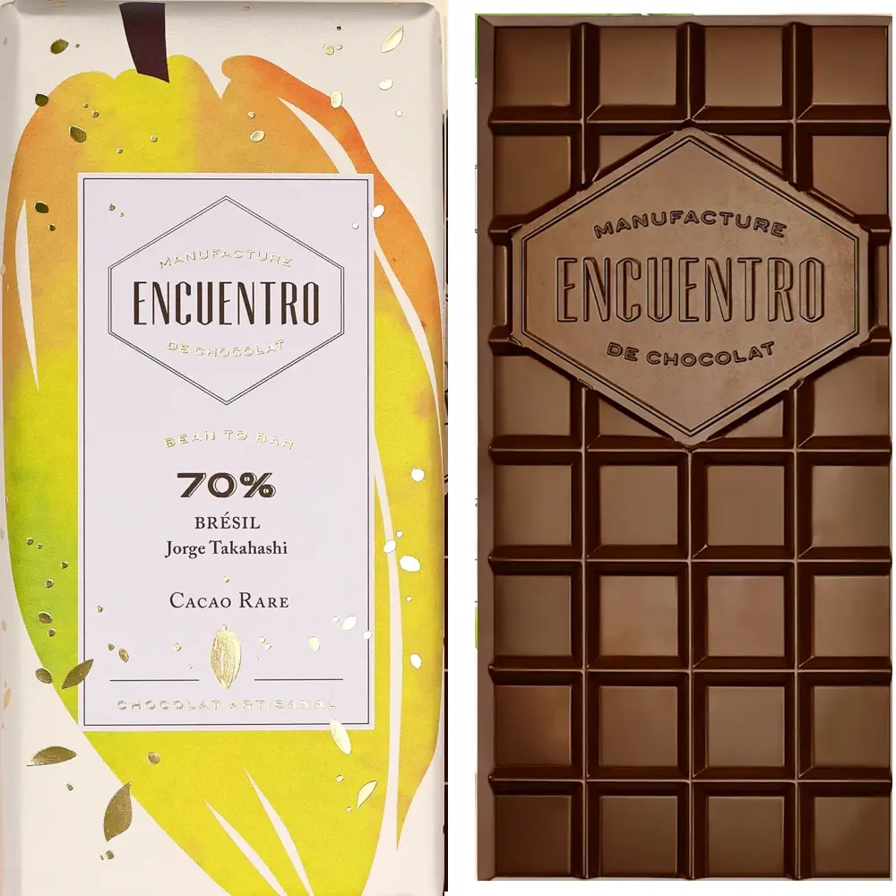 ENCUENTRO | Dunkle Schokolade »Brésil – Jorge Takahashi« 70% | 75g Dunkle Schokolade mit grünlicher Verpackung mit Kakaobohne Kakao aus Brasilien mit 70% kakao von Encuentro Frankreich