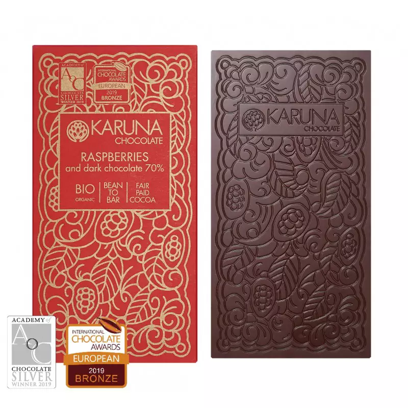 KARUNA Chocolate | Dunkle Schokolade & Himbeeren »Raspberries« 70% Dunkle Schokolade mit Himbeeren von Karuna Raspberries