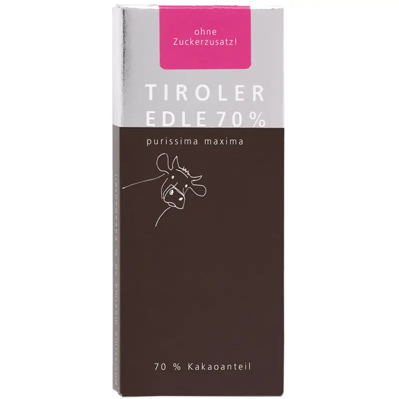 TIROLER EDLE Schokolade | Kakaotafel ohne Zuckerzusatz »purissima maxima« 70% Purissima Maxima Milchschokolade ohne Zuckerzusatz 70%