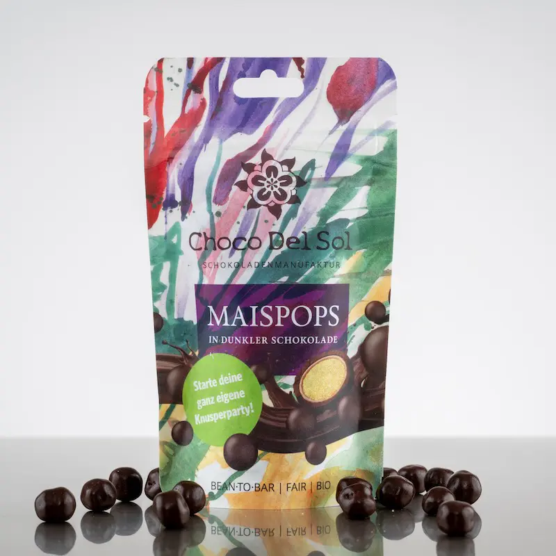 CHOCO DEL SOL | Maiskugeln in dunkler Schokolade »Maispops« BIO | 40g Maispops Popkorn in dunkler Schokolade von Choco del Sol