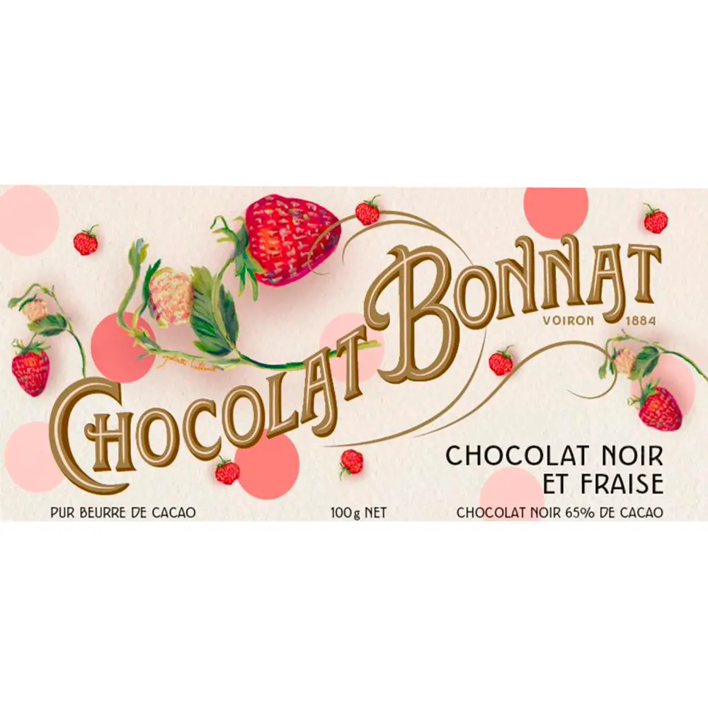 Weiße Schokoladenpackung mit frischen Erdbeeren mit Beschriftung Dunkle Schokolade mit Erdbeeren Noir et fraise von Chocolate Bonnat