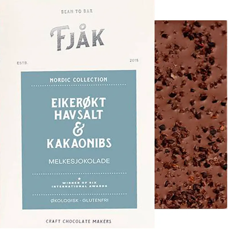 FJAK Chocolate | Milchschokolade »Smoked Sea Salt & Nibs« 45% | BIO | 60g Milchschokolade mit geräuchertem Meersalz und Nibs von Fjak Norwegen
