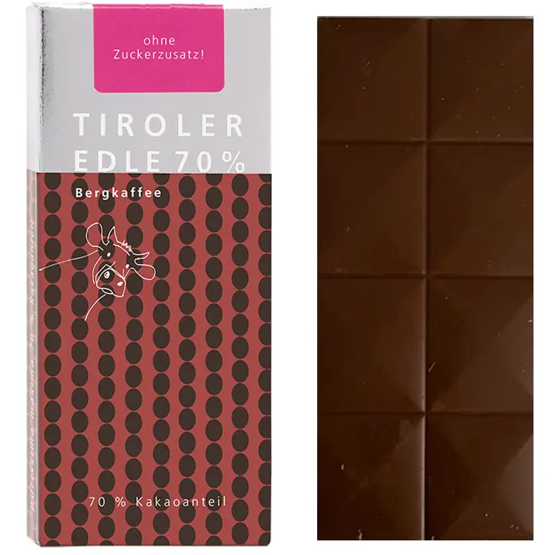 TIROLER EDLE Schokolade | Kakaotafel ohne Zuckerzusatz »Bergkaffee« 70% Schokolade & Bergkaffe ohne Zuckerzusatz von Haag Tiroler Edle