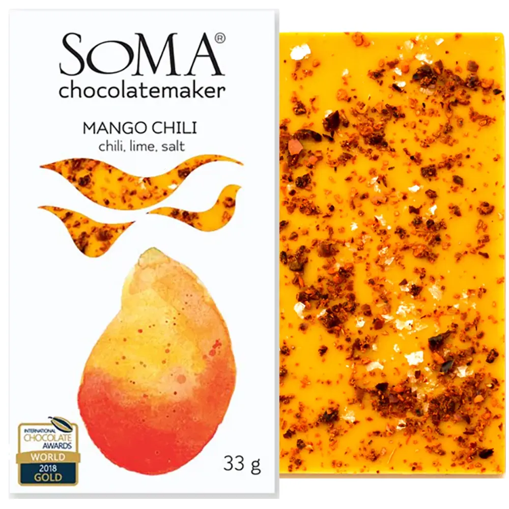 SOMA Chocolates | Weiße Schokolade »Mango Chili« | 33g Gold prämierte weiße Schokolade mit Mango und Chili von Soma Kanaa