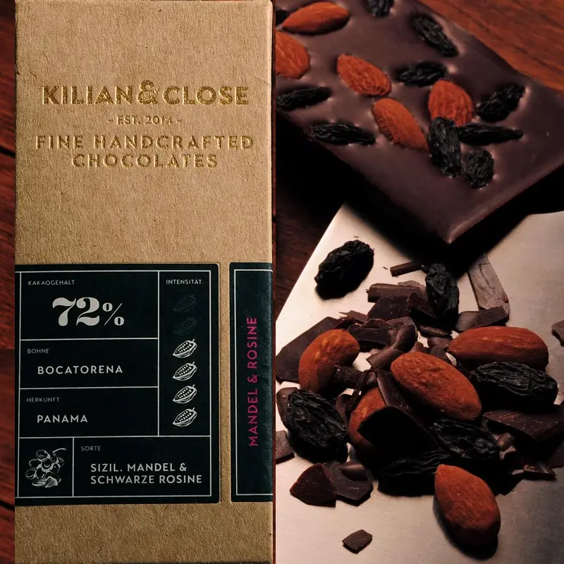 KILIAN & CLOSE | Zartbitterschokolade mit Mandeln & Rosinen 72% | BIO Mandel-Rosine Panama Schokolade von Kilian & Close mit 72% kakao
