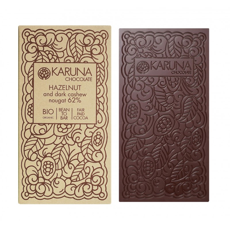 KARUNA Chocolate | Dunkle Schokolade »Hazelnut & dark cashew nougat« 62% | BIO | 60g KARUNA Chocolate | Dunkle Schokolade »Hazelnut & dark cashew nougat« 62% | BIO | 60g