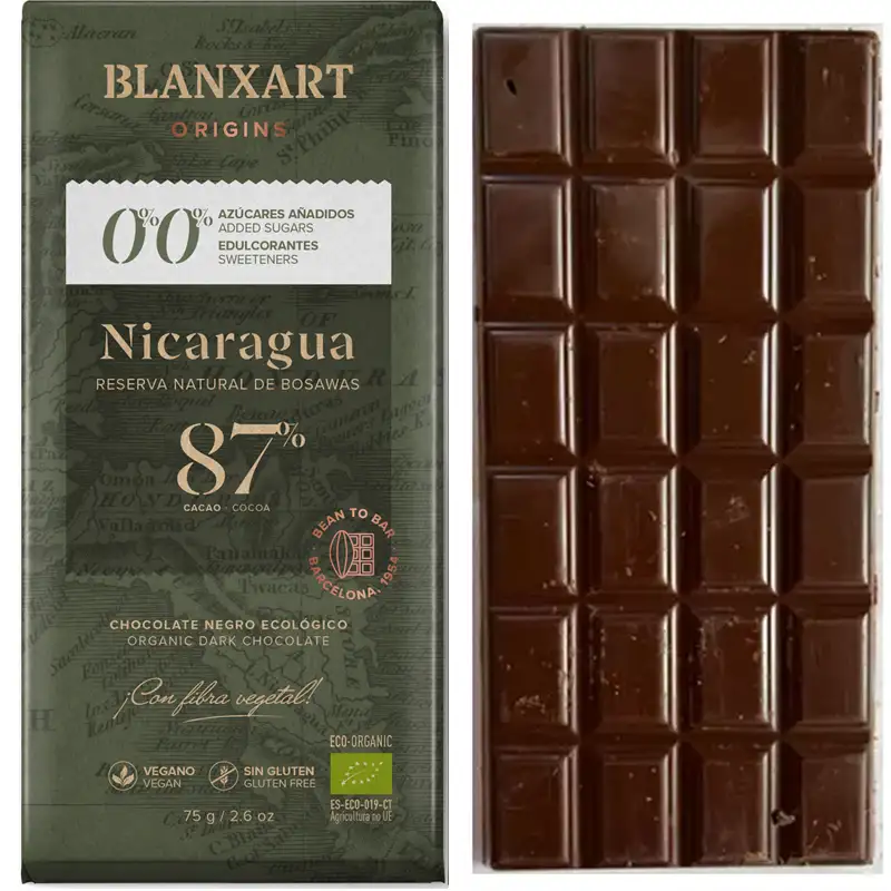 BLANXART Schokolade | 0% 0% ohne Zuckerzusatz »Nicaragua« 87% | Low Carb Blanxart dunkle Schokolade mit wenig Kohlehydraten Low carb