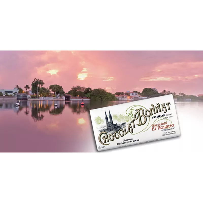 BONNAT Dunkle Schokolade | Chocolat »Hacienda El Rosario« Venezuela Schokolade von Bonnat vor dem Sonnenuntergang in Venezuela