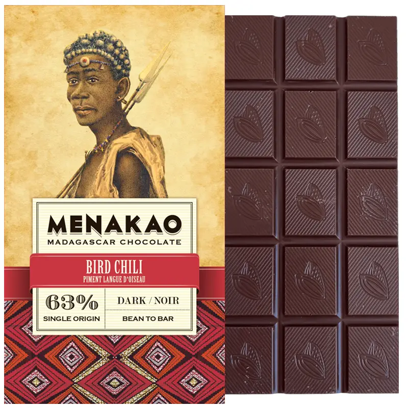 MENAKAO | Dunkle Schokolade & Bird Chili | Vogelzungenpiment 63% | 75g Dunkle Bird Chili Schokolade von Menakao madagascar