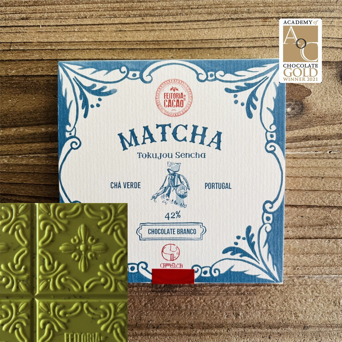Feitoria do Cacao weiße Schokolade 42 % mit Matcha und Sencha Grüntee