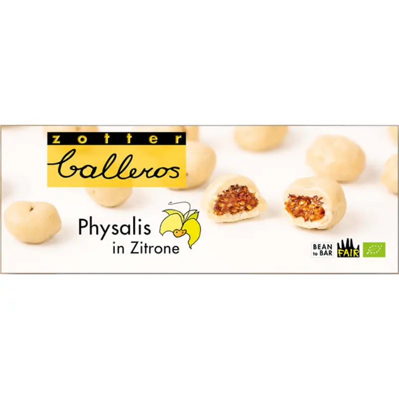 ZOTTER | Weiße Schokolade »Balleros« Physalis in Zitronen-Pralinen | BIO | 100g 