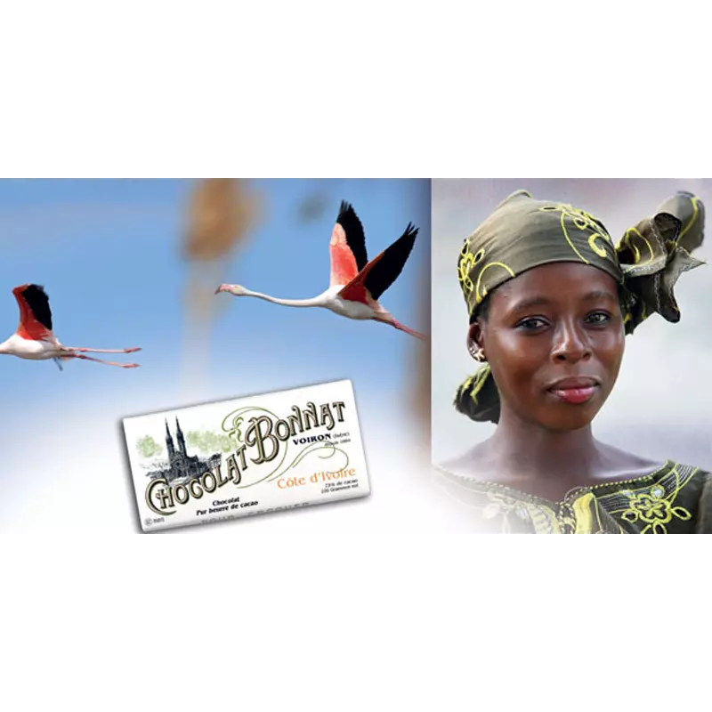 BONNAT Dunkle Schokolade | Chocolat »Cote d Ivoire« Schokoladentafel von Bonnat und eine hübsche Frau