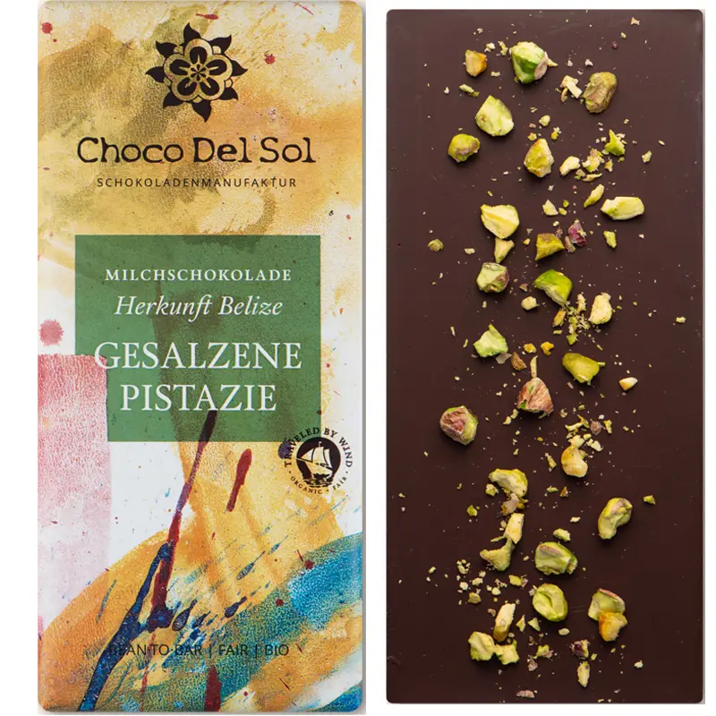 CHOCO DEL SOL | Milchschokolade & Pistazien »Salted Pistachio« 55% | BIO | 58g CHOCO DEL SOL | Milchschokolade & Pistazien »Salted Pistachio« 55% | BIO | 58g