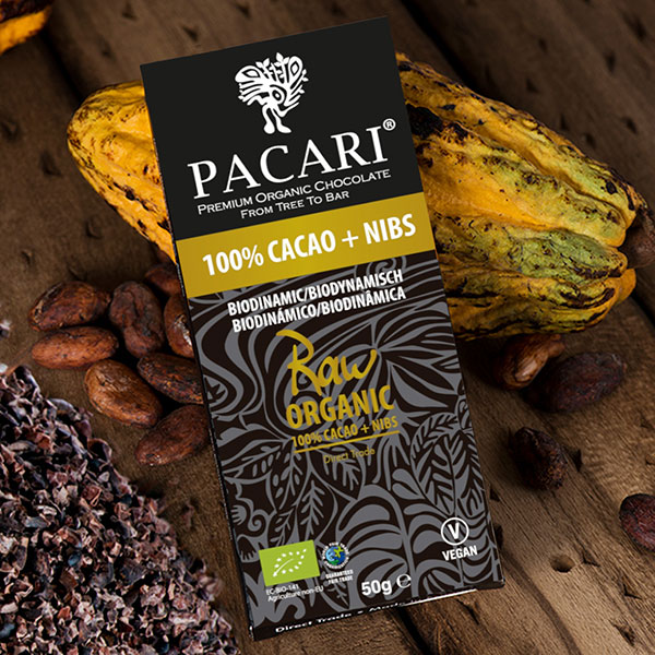 PACARI | Dunkle Schokolade »RAW-Chocolate + Nibs« 100% | BIO | 50g 