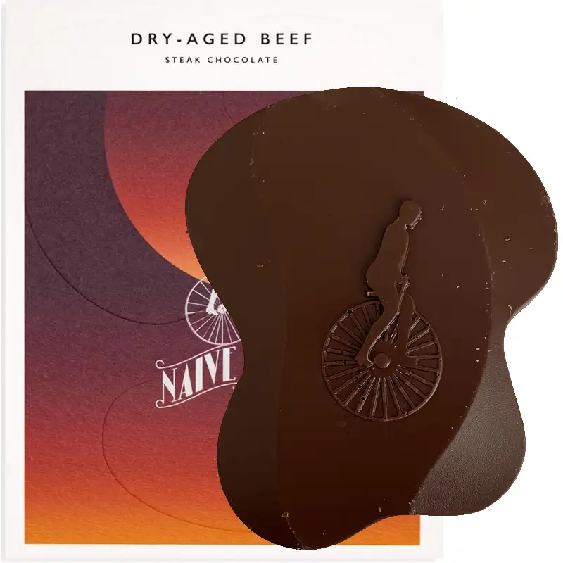 CHOCOLATE NAIVE | Dunkle Milchschokolade »Dry-Aged Beef« 62% | 50g Dry-Aged Beef Schokolade Steak von Naive Litauen