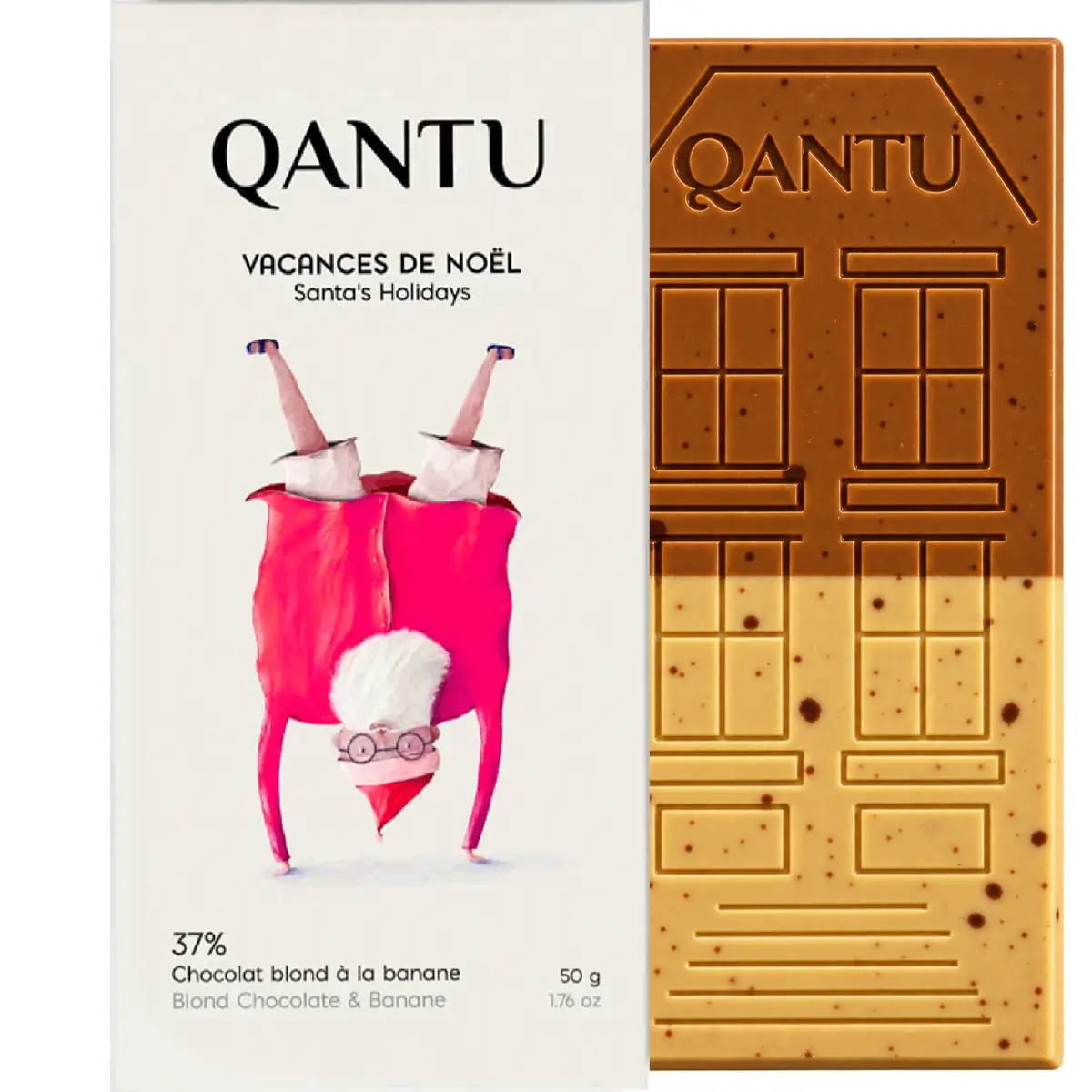 QANTU Santa’s Holidays 37 % blonde weiße Weihnachtsschokolade mit Banane 50 g