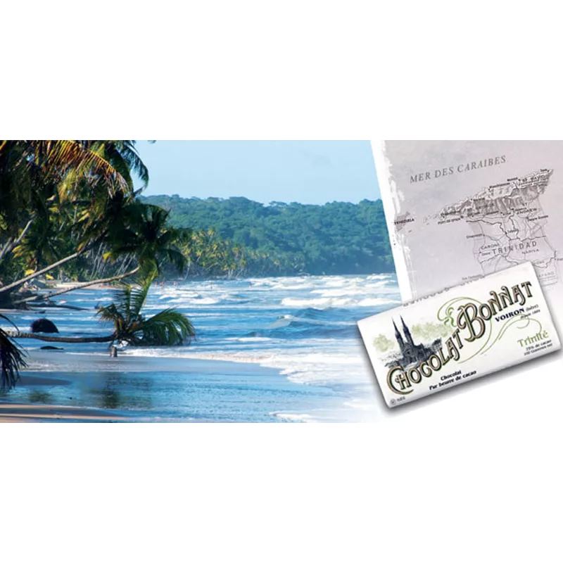 BONNAT Dunkle Schokolade | Chocolat  »Trinité« Dunkle Schokolade von Bonnat vor einem herrlichen Strand