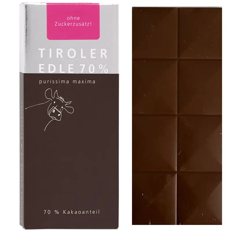 TIROLER EDLE Schokolade | Kakaotafel ohne Zuckerzusatz »purissima maxima« 70% Dunkle Milchschokolade ohne Zuckerzusatz von Tiroler Edle