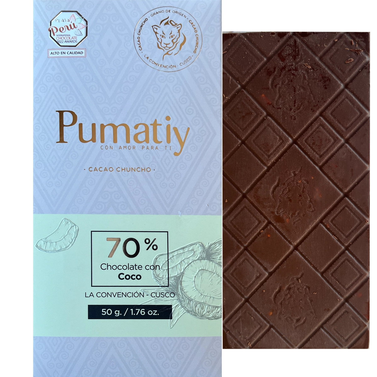 PUMATIY dunkle Schokolade 70% mit Kokos aus Cusco Peru, tropische Bean-to-Bar Schokolade Coco