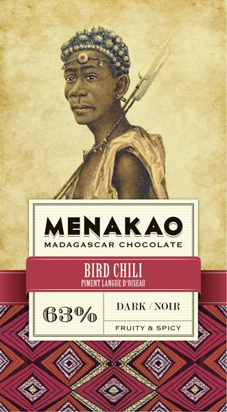 MENAKAO |  Dunkle Schokolade mit Bird Chili | Vogelzungenpiment  63% | 75g