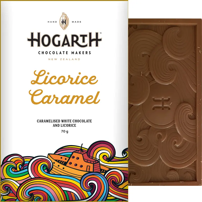 HOGARTH Chocolate | Weiße Schokolade & Lakritz »Licorice Caramel« 35% | 70g Licorice & Caramel Lakritz Schokolade von Hogarth Chocolate Neuseeland