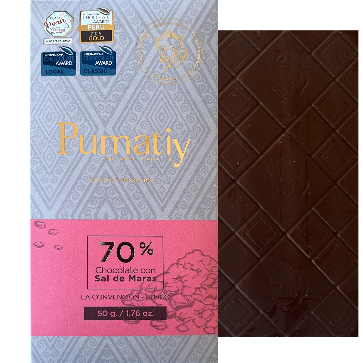 PUMATIY dunkle Schokolade 70% mit Sal de Maras Salz aus Cusco Peru, Bean-to-Bar Schokolade mit Meersalz 50g, handgemachte Schokolade aus Peru