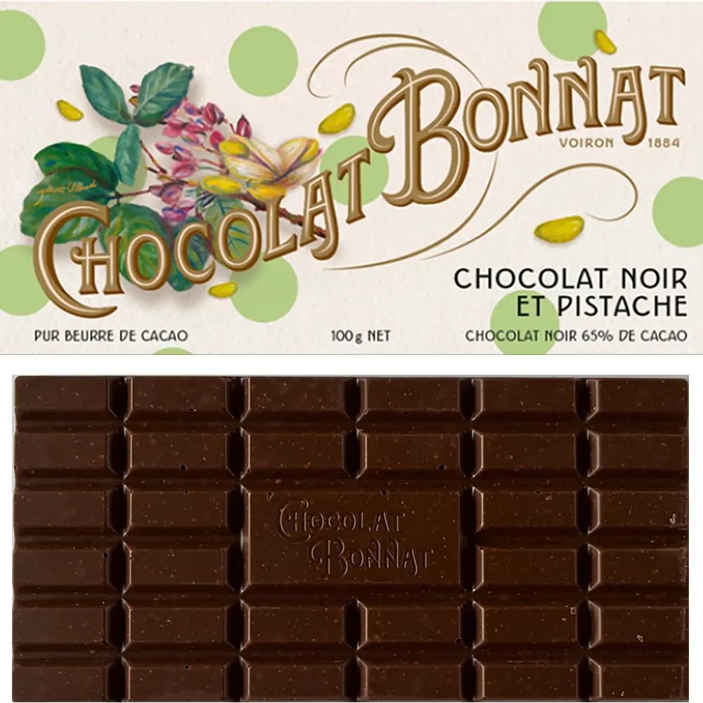 Dunkle Schokolade mit Pistazie Chocolat noir et t Pistache von Bonnat Frankreich