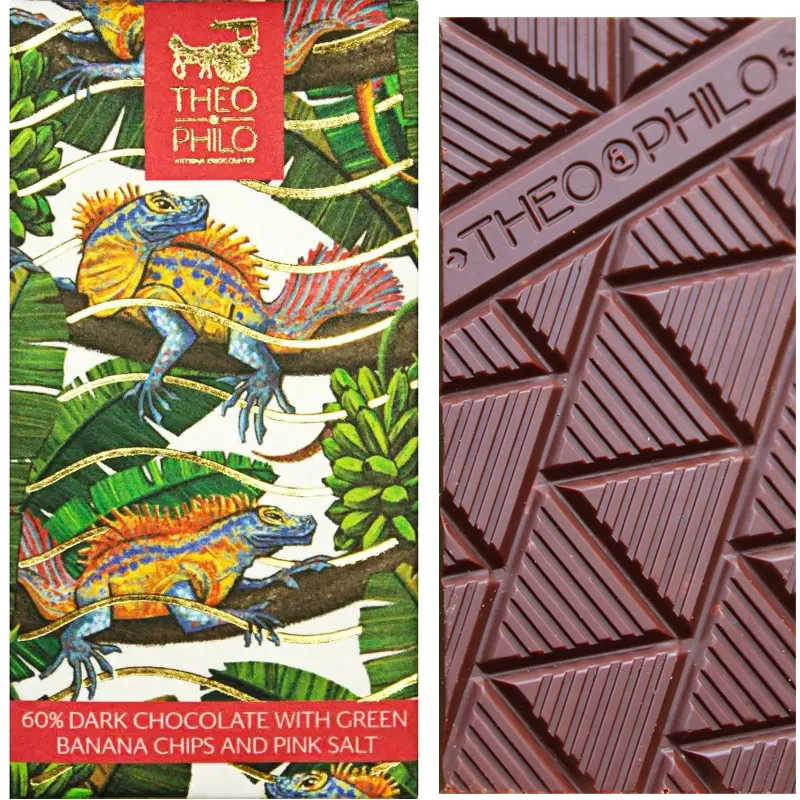 THEO & PHILO | Dunkle Schokolade »Grüne Bananenchips & Rosa Salz« 60% | 45g Green Banana Chips Schokolade von Theo und Philo Pilippinen