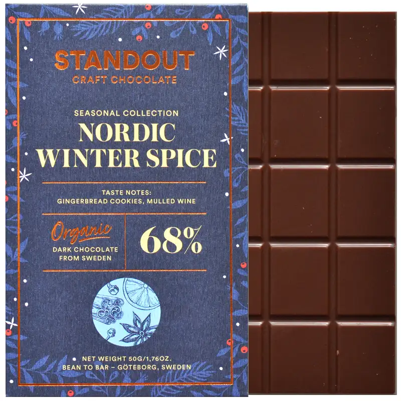 STANDOUT CHOCOLATE | Dunkle Schokolade & Wintergewürze »Nordic Winter Spice« 68% | BIO | 50g Nordic Winterspice Schokolade von Standout Schweden
