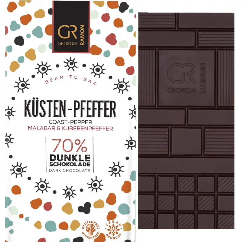 GEORGIA RAMON | Dunkle Schokolade »Küsten-Pfeffer« 70% | BIO Schokolade Küsten-Pfeffer mit Malabar- und Kubebenpfeffer von Georgia Ramon