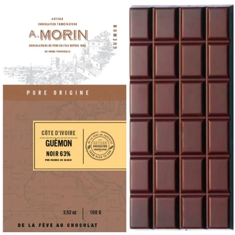 Dunkle Schokolade von Morin mit 63% kakaogehalt aus Guemon Cote d' Ivoire
