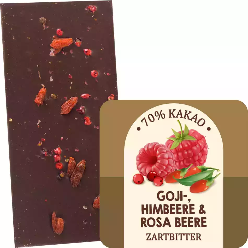 EDELMOND | Dunkle Schokolade Goji, Himbeere & Rosa Beere »KÖLN« 70% | BIO | 80g