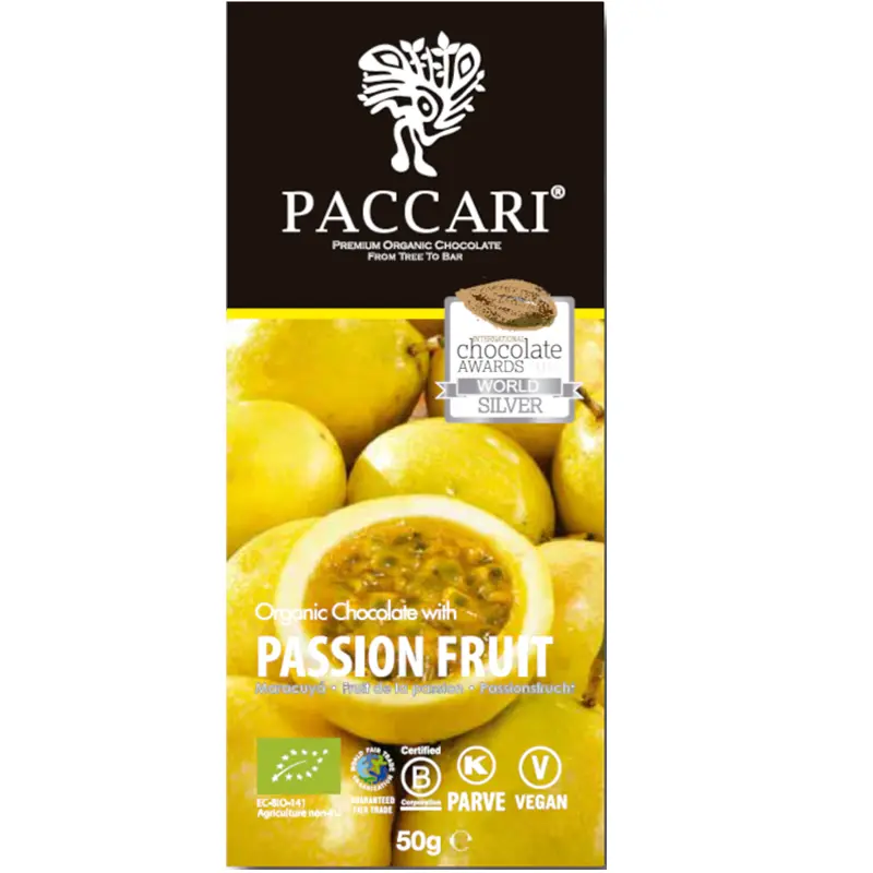 PACCARI | Dunkle Schokolade »Passion Fruit« Ecuador 60% | BIO | 50g Schokolade mit Passionsfrucht Prämiert von Paccari Ecuador früher Pacari