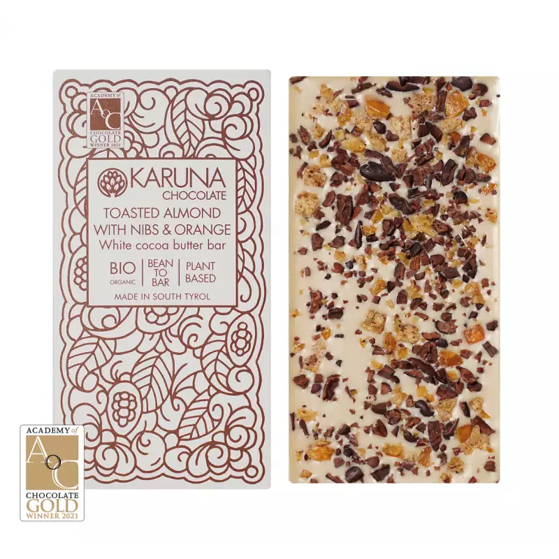 KARUNA Chocolate | Weiße Schokolade  »Toasted Almond With Nibs & Orange« 39% | BIO | 60g 