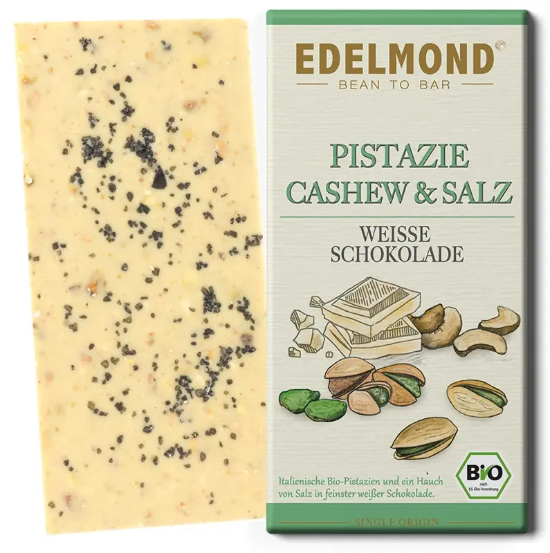 EDELMOND | Weisse Schokolade »Pistazie, Cashew & Salz« | BIO | 80g Weiße Schokolade mit Pistazien, Cashew und Salz von Edelmond