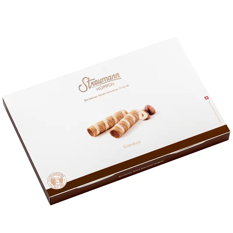 STRAUMANN | Schweizer Feingebäck Gianduja-Waffelröllchen »Hüppen« | 110 g Edle schweizer Gianduja Hüppen von Straumann Schweiz