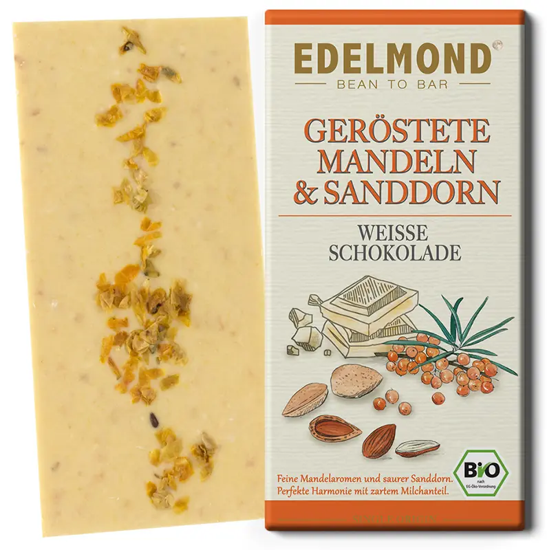 EDELMOND | Weisse Schokolade »Mandelröstung & Sanddorn« BIO | 75g Weiße Schokolade von edelmond mit geröstetem Sanddorn und Mandeln