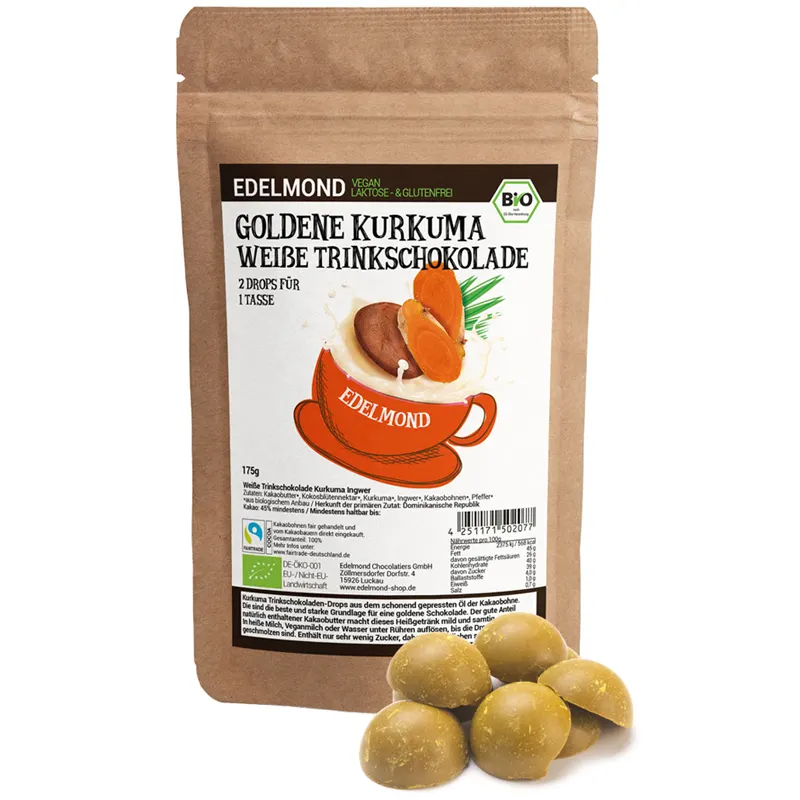 EDELMOND | Weiße Trinkschokolade »Goldene Kurkuma« 45% | BIO | 175g Weiße Trinkschokolade mit Kurkuma und Ingwer von Edelmond