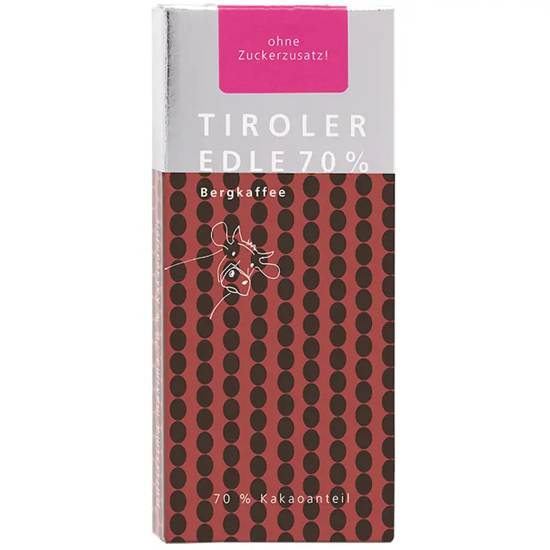 TIROLER EDLE Schokolade | Kakaotafel ohne Zuckerzusatz »Bergkaffee« 70% Schokolade ohne Zuckerzusatz von tiroler Edle