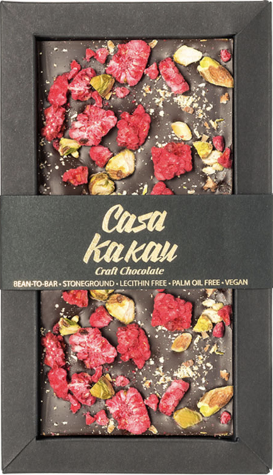 benns-anaimalai-72-schokoladeMR90rRxrPJOis CASA KAKAU | Dunkle Schokolade »Himbeeren & Pistazien« 61% | 70g