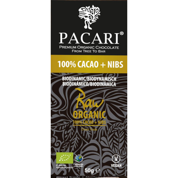 PACARI | Dunkle Schokolade »RAW-Chocolate + Nibs« 100% | BIO | 50g 
